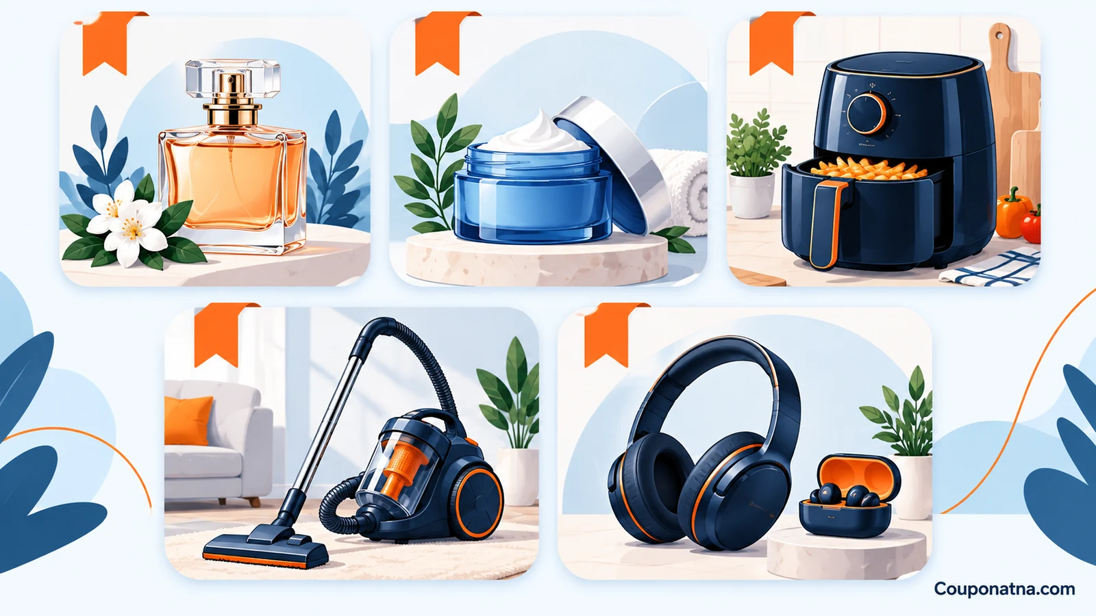 خمس بطاقات للعطور والعناية والمطبخ والأجهزة المنزلية والإلكترونيات مع شرائط ترتيب برتقالية