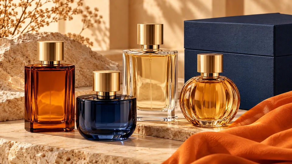 زجاجات عطر بصورة توضيحية دون علامات تجارية